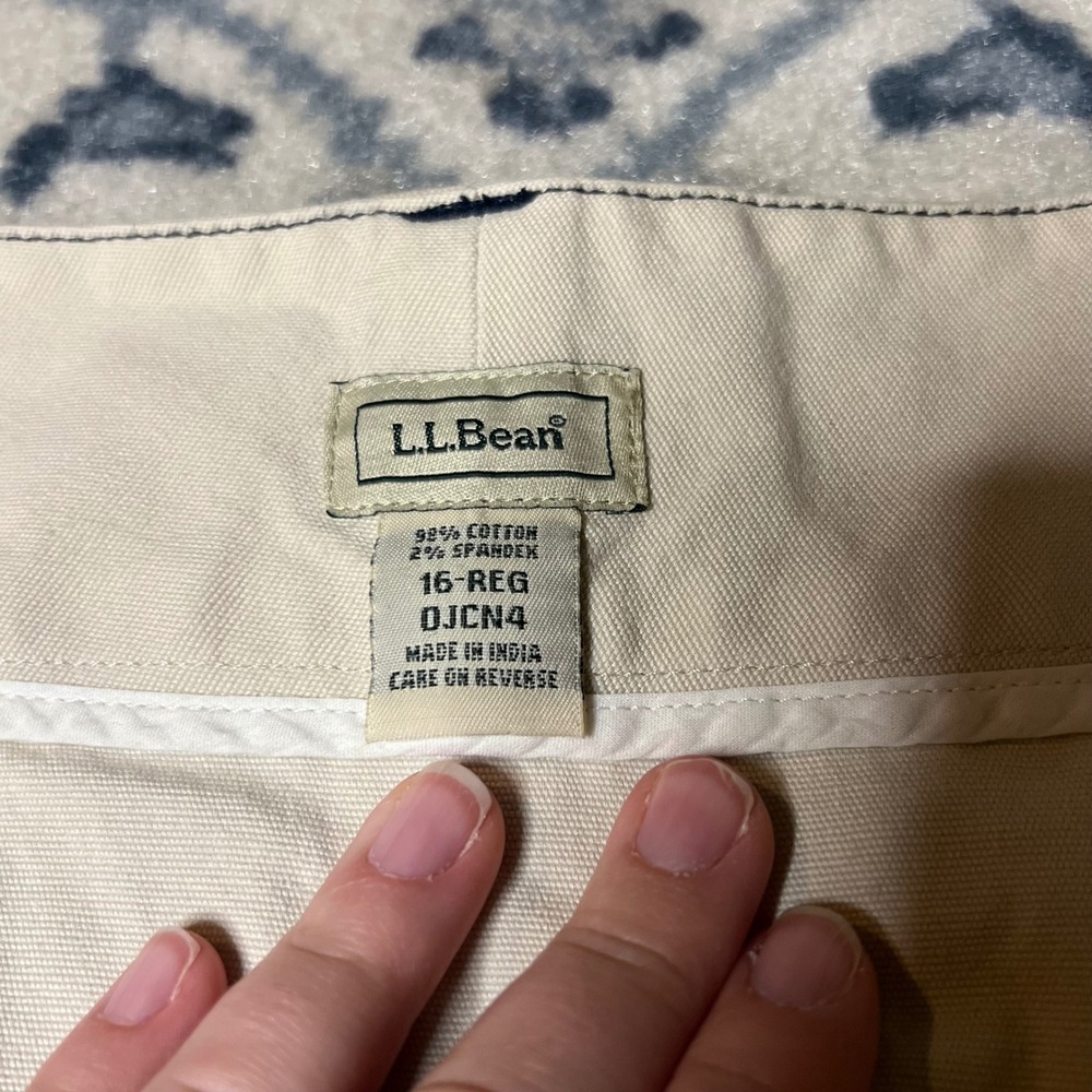 LL Bean Khaki Tan Canvas Button Front Mini Skirt Navy Contrast Stitching 16 Reg - Picture 4 of 6